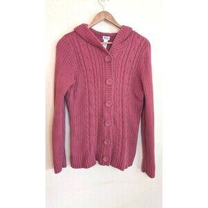 Bass Women's Cardigan Size Medium Hooded Button Up Cable Knit Long Raspberry